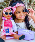 Travel Outfit for 18 inch doll with child having fun
